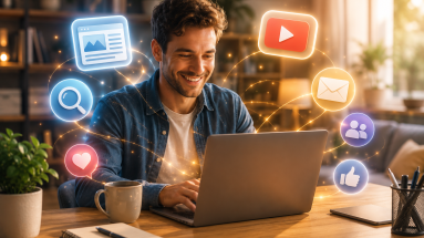 Beginner creator using free traffic strategies with blog, video, email, search, and social media icons.