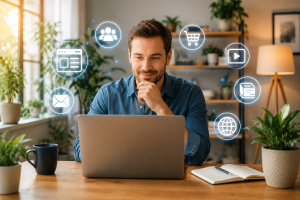Person learning what is online business from a laptop in a modern home office.