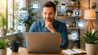 Person learning what is online business from a laptop in a modern home office.