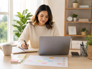 Beginner content creator planning content marketing strategies at a laptop in a bright home office.