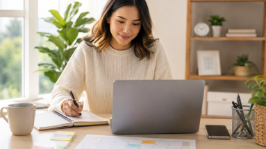 Beginner content creator planning content marketing strategies at a laptop in a bright home office.