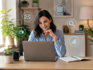 Person using a laptop with digital marketing icons for online business growth.
