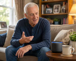 Older adult using a smart speaker to understand artificial intelligence for retirees.

