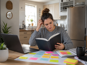 1140626 Beginner learning marketing from books while taking notes at a kitchen table