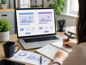Laptop showing two landing page versions for A/B testing for marketing
