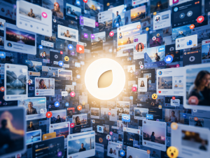A clear brand standing out in a crowded online market full of digital noise.
