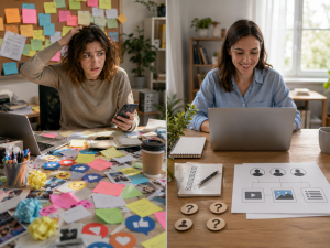 Split image showing random content compared with buyer-focused content planning.
