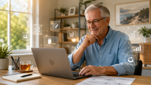 Affiliate marketing for beginners business plan with laptop, checklist, and weekly goals.

