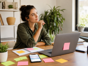 Marketer brainstorming headlines to improve Facebook ad click-through rate.
