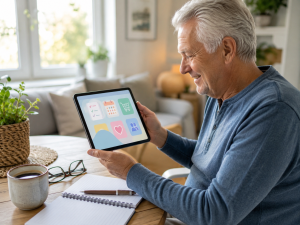 Senior using a tablet to manage daily tasks with AI for seniors.
