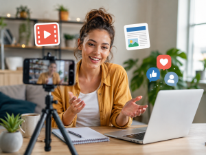 2120626 Beginner creating online content using a phone and laptop for digital marketing practice.