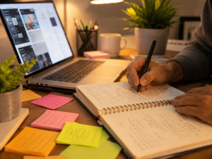 Marketer brainstorming headline ideas for A/B testing for marketing
