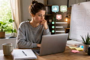 Beginner entrepreneur preparing to launch a simple product instead of waiting for perfection.
