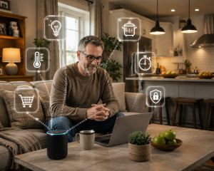 3020726 AI virtual assistant helping with smart home and shopping list tasks