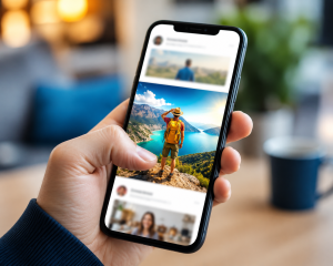Person pausing on a visual ad while scrolling social media on a phone.
