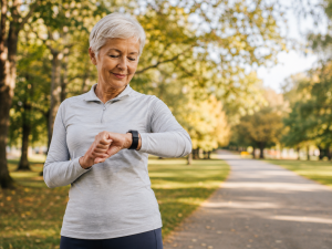 Older adult using a smartwatch for health monitoring and wellness tracking.
