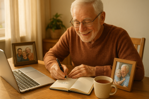 Senior creating helpful content for internet marketing
