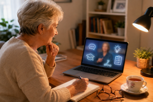 Older learner using AI tools for beginners to learn new skills online.
