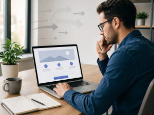 Marketer reviewing a landing page and focusing on conversions rather than traffic alone