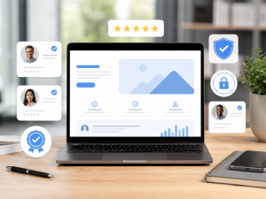Landing page with trust signals such as reviews, testimonials, and security icons.
