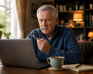  Senior carefully reviewing online information to avoid AI risks for older adults.

