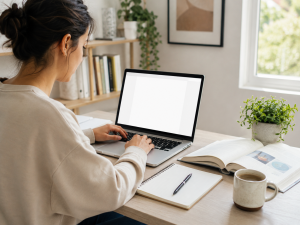 4140626 Content creator writing with marketing books for beginners nearby