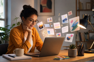 Person using practical uses of AI for writing, artwork, music, and creative ideas.
