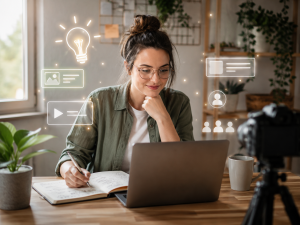 Beginner content creator sharing helpful lessons online from a home office.
