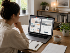 Marketer comparing a cluttered landing page with a clear focused landing page.
