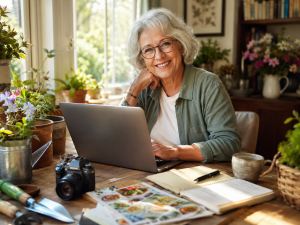 Older adult using AI for seniors to explore hobbies and learn new skills.
