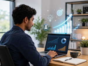 5120626 Beginner reviewing analytics to improve digital marketing skills and online growth.