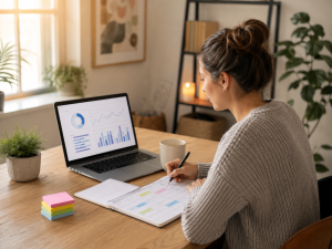 Marketer tracking marketing experiments and A/B testing results on a laptop
