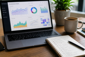 Online marketer reviewing performance data and analytics after making a sale.
