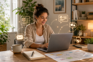 Beginner online entrepreneur using AI for content planning and affiliate marketing.