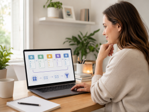 Marketer creating step-by-step tutorial content that helps prospects take action.
