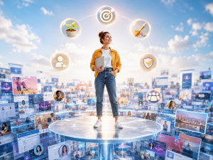 A beginner entrepreneur using a clear strategy to stand out in a crowded online market.