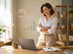 Online entrepreneur feeling confident after learning valuable first online sale lessons.
