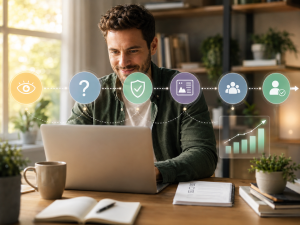 Buyer-focused content journey showing how helpful content turns prospects into customers.
