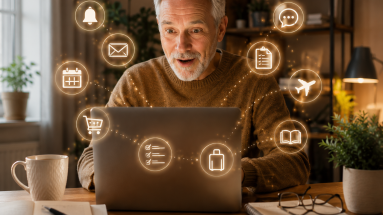 Older beginner using an AI virtual assistant on a laptop at home