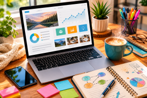 Laptop and coffee on a desk showing an online business setup for internet marketing.