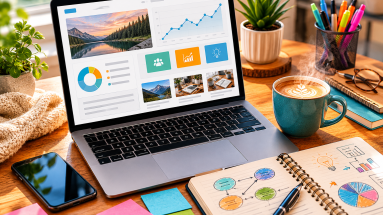Laptop and coffee on a desk showing an online business setup for internet marketing.