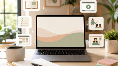 Beginner-friendly digital products to sell shown in a clean home office workspace.