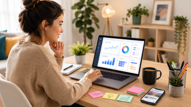 Beginner marketer reviewing Facebook ad click-through rate on a laptop dashboard.