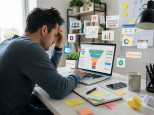 Beginner marketer reviewing a confusing funnel and trying to fix conversion rate optimization mistakes.