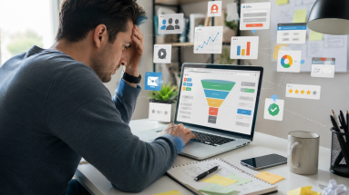 Beginner marketer reviewing a confusing funnel and trying to fix conversion rate optimization mistakes.