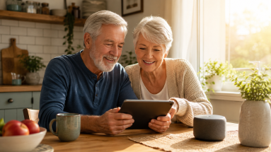 Retired couple using a tablet at home while learning about AI for seniors.