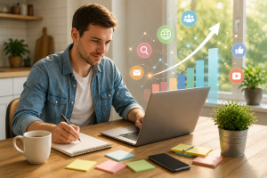 Beginner marketer planning low budget traffic strategies from a laptop at home.