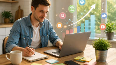 Beginner marketer planning low budget traffic strategies from a laptop at home.