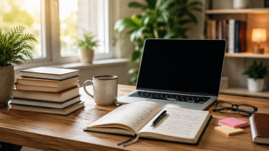 Marketing books for beginners stacked on a desk with notes, laptop, and coffee