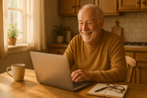 Senior learning internet marketing from home on a laptop